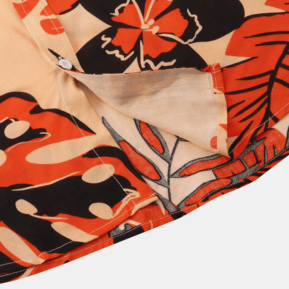 Orange Tropical Botanical Shirt, hem and pattern detail