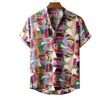 Tropical Band Collar Shirt for men in cotton-linen blend - Dan Flashes