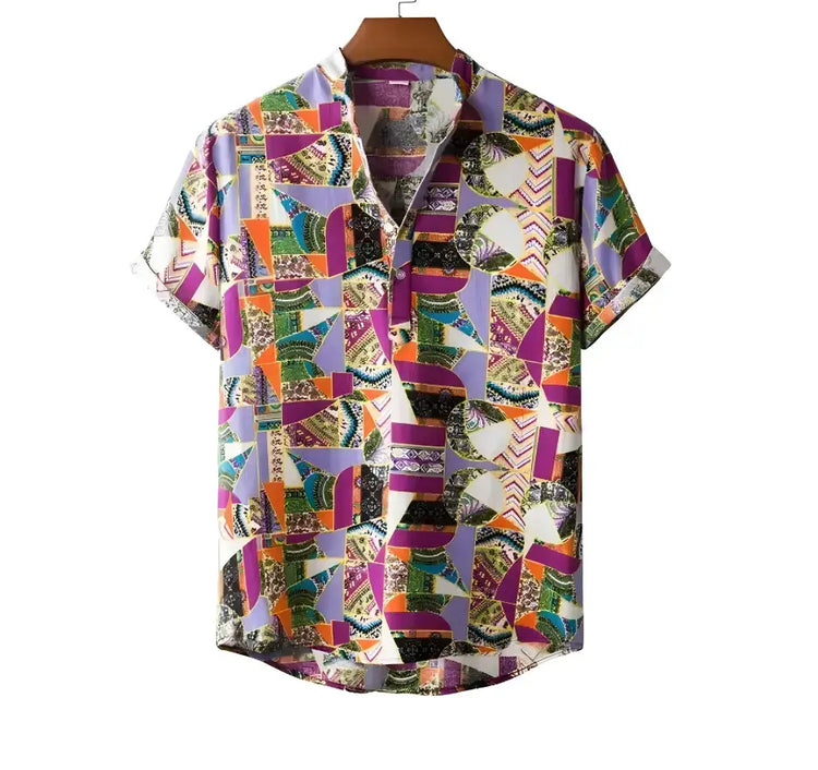 Short-sleeve shirt with purple, green, orange and pale geometric tiles