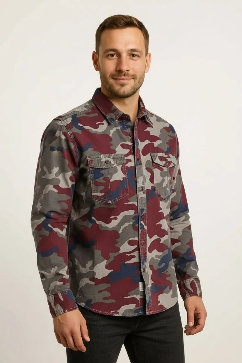 Washed Camouflage American Overalls Long Sleeve Shirt Dan Flashes