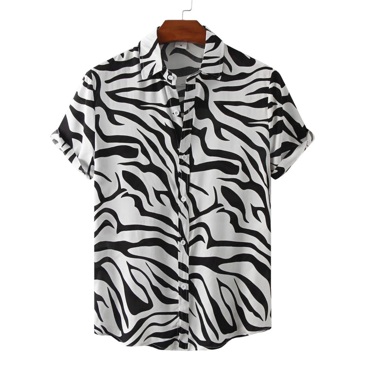 White short-sleeve button-up shirt with broad black zebra stripes