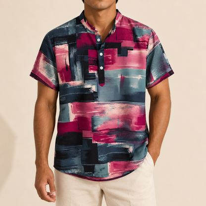 Model wearing a burgundy and blue-gray abstract brushstroke short-sleeve shirt