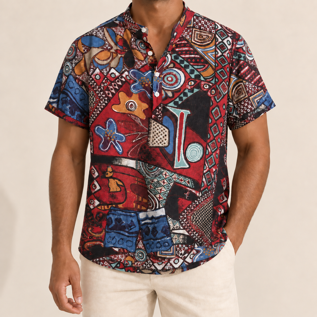 Model wearing a red and blue abstract medallion shirt with a band collar