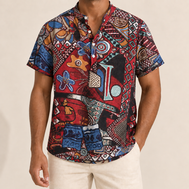 Model wearing a red and blue abstract medallion shirt with a band collar
