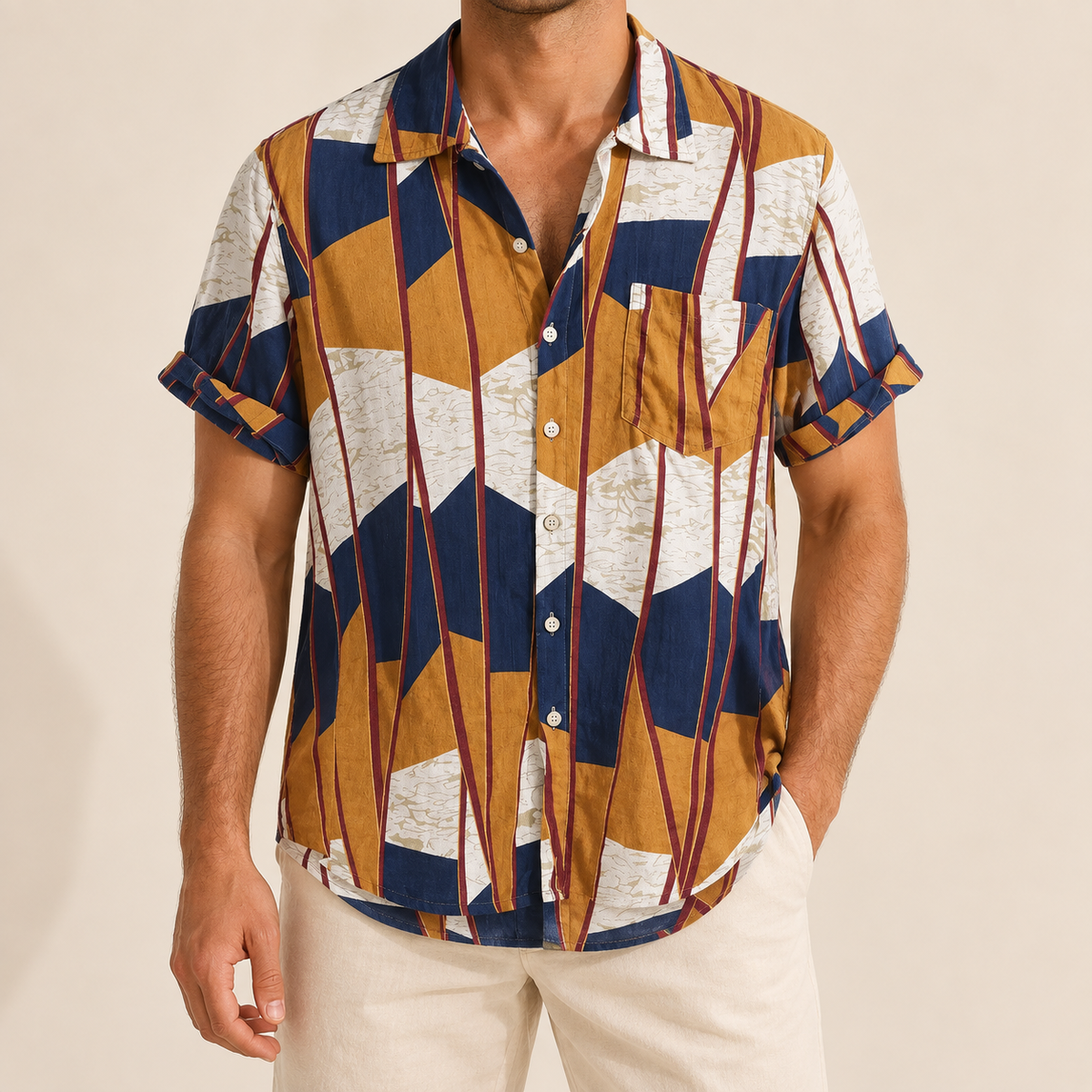 Model wearing a tan, ivory and navy colorblock shirt with a chest pocket