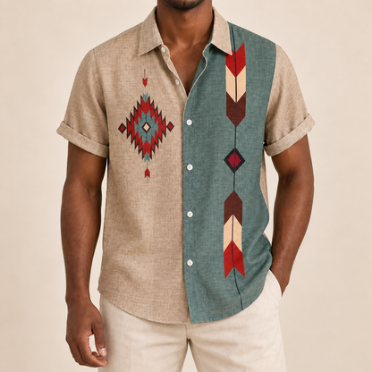 Model wearing beige and green short-sleeve shirt with a vertical arrow-like accent and diamond motif