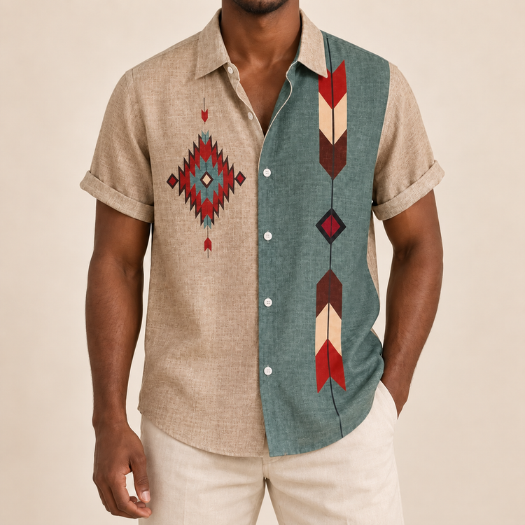 Model wearing beige and green short-sleeve shirt with a vertical arrow-like accent and diamond motif
