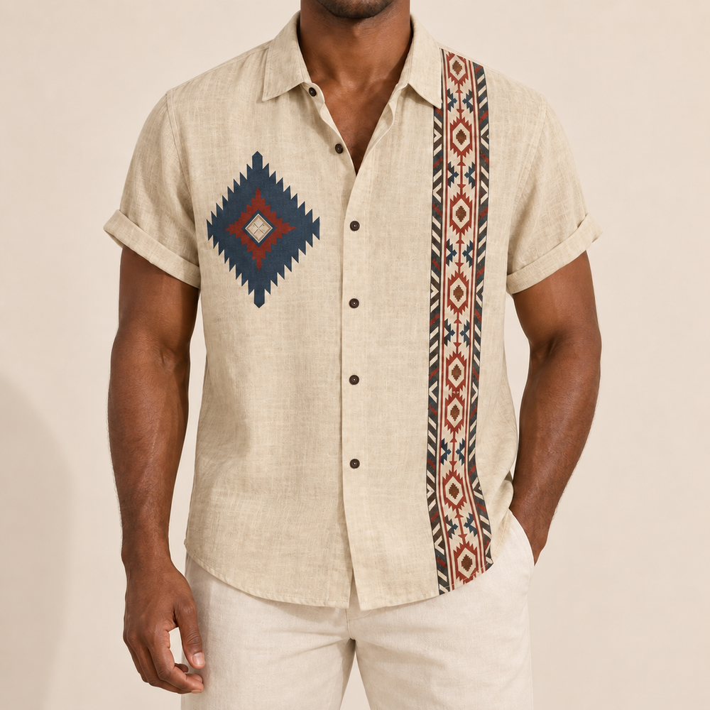 Model wearing beige short-sleeve shirt with a diamond motif and narrow patterned border