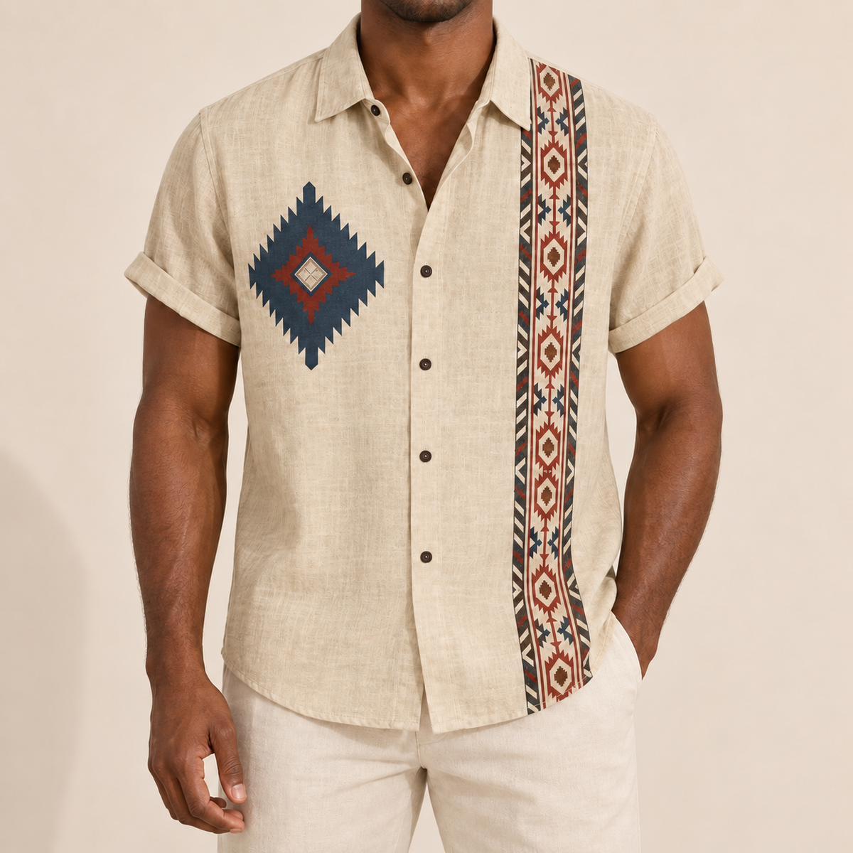 Model wearing beige short-sleeve shirt with a diamond motif and narrow patterned border