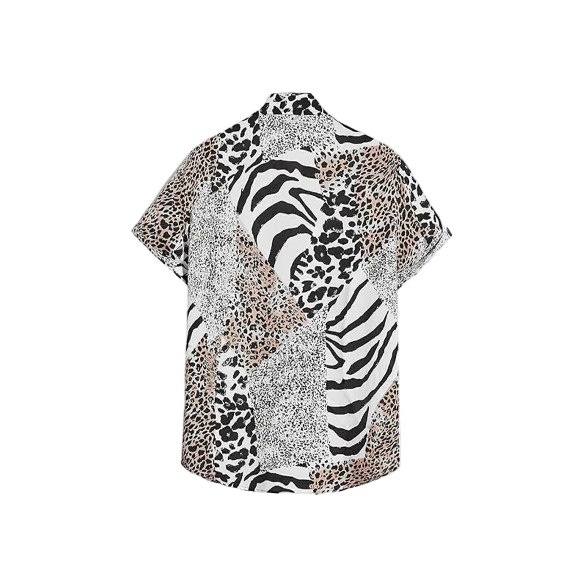 Back view of black and white mixed animal print camp collar shirt in cotton-linen - Dan Flashes