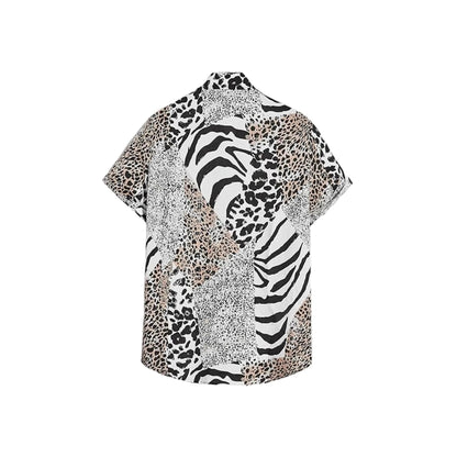 Back view of black and white mixed animal print camp collar shirt in cotton-linen - Dan Flashes