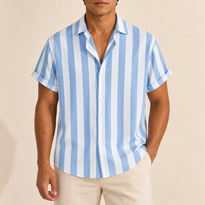 Model wearing a pale blue and white broad-striped short-sleeve shirt