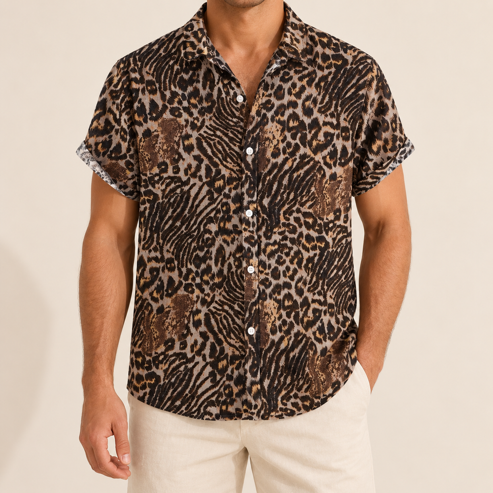 Model wearing brown and black spotted animal-print button-up shirt