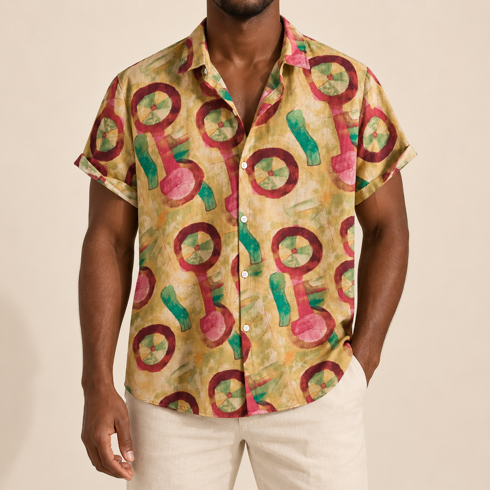 Model wearing a ochre short-sleeve shirt with colorful circular motifs