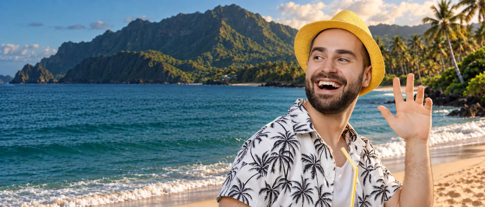 Smiling man wearing a black-and-white palm-print Hawaiian shirt and yellow straw hat, waving on a tropical beach.
