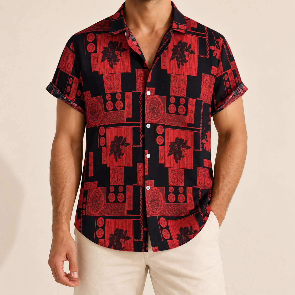 Model wearing a red and black short-sleeve shirt with geometric and botanical panels