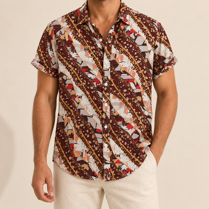 Model wearing a burgundy, cream and tan shirt with diagonal patterned stripes
