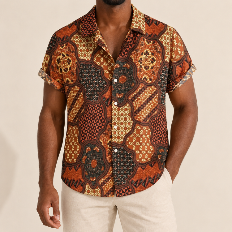 Model wearing a rust and brown medallion-print short-sleeve shirt