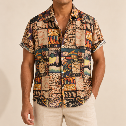 Model wearing a earth-tone patchwork short-sleeve shirt