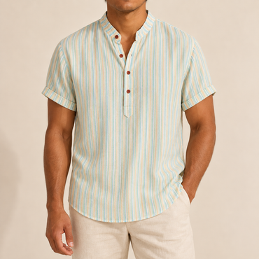 Model wearing a pastel striped short-sleeve band-collar shirt