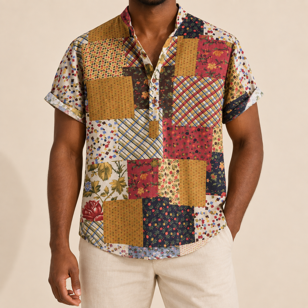 Model wearing a tan and red floral patchwork short-sleeve band-collar shirt