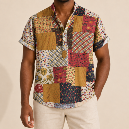 Model wearing a tan and red floral patchwork short-sleeve band-collar shirt