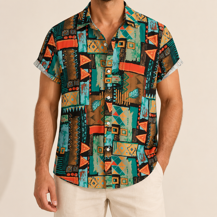 Model wearing a short-sleeve shirt with teal and orange geometric panels