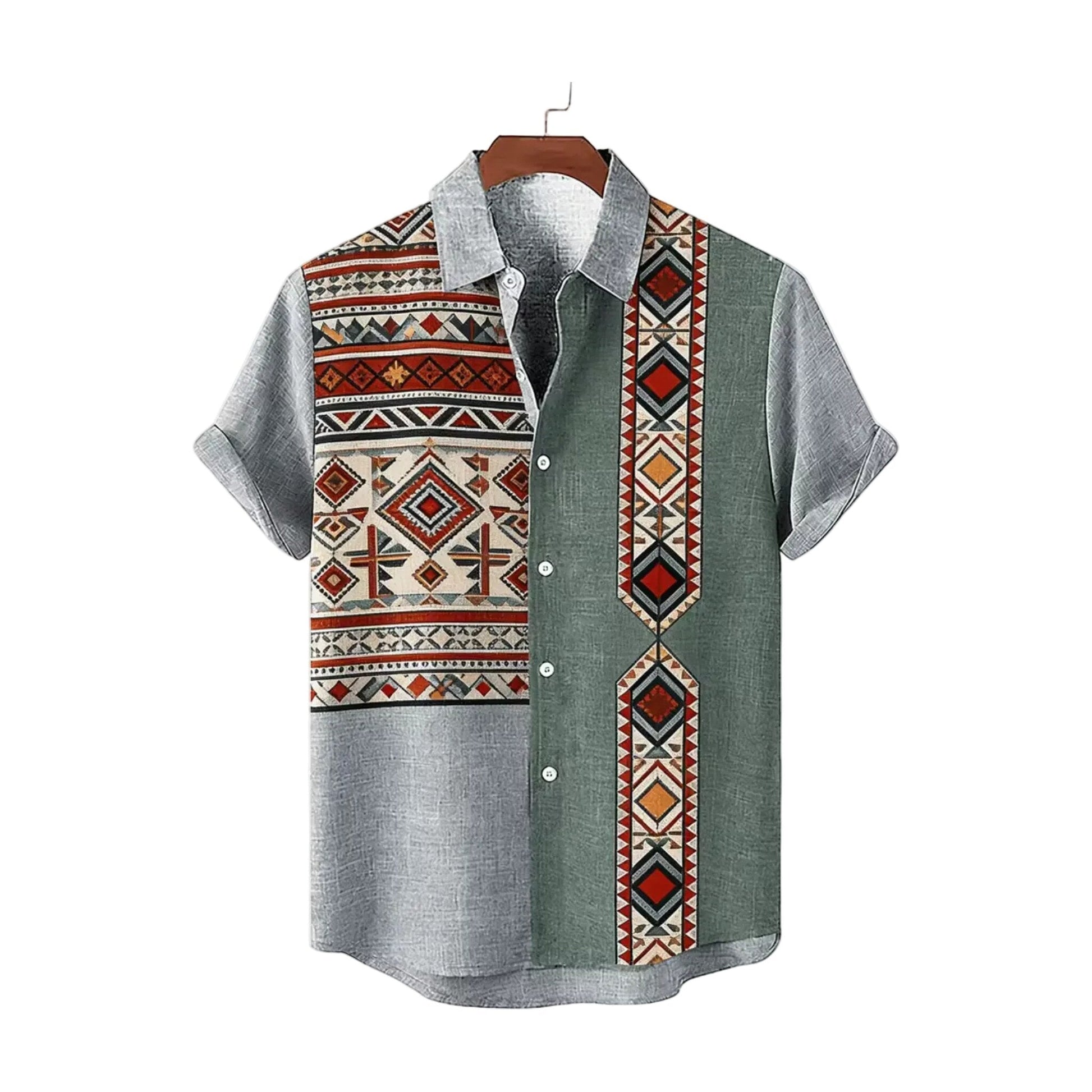 Grey and orange Aztec panel camp collar shirt for men in cotton-linen - Dan Flashes