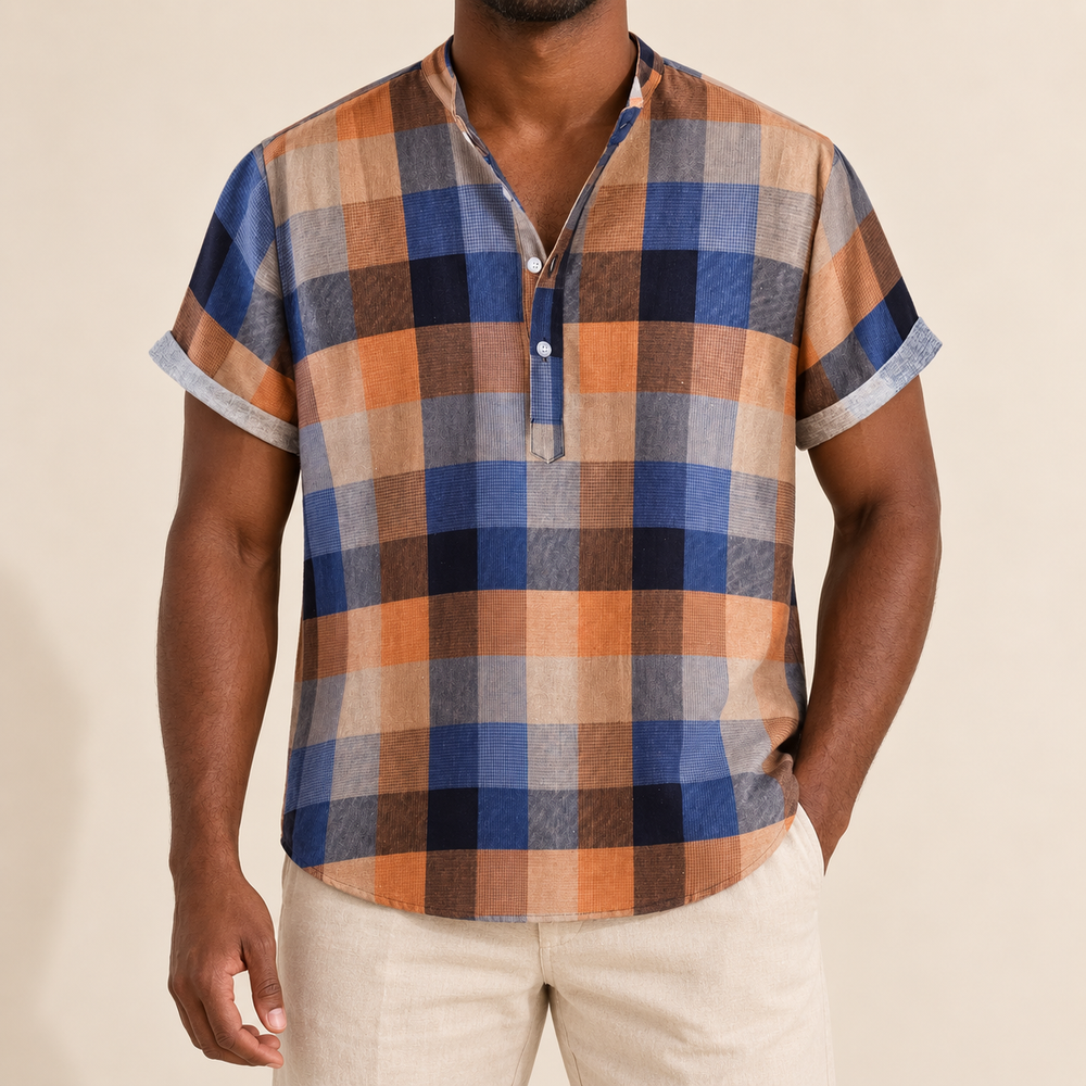 Model wearing a blue and tan large-check short-sleeve band-collar shirt