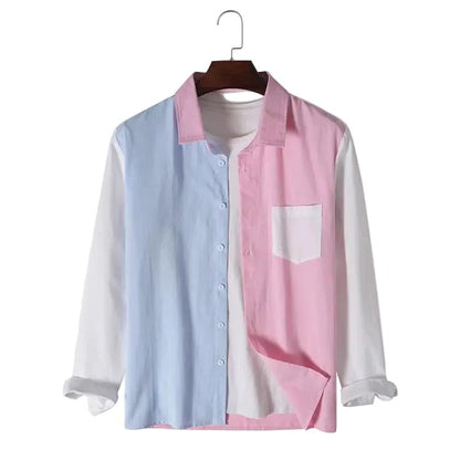 Long Sleeve Patch Men's Shirt - 0 - Dan Flashes - Pink - Fashion Lapel Long Sleeve Colorblock Men's Shirt Dan Flashes