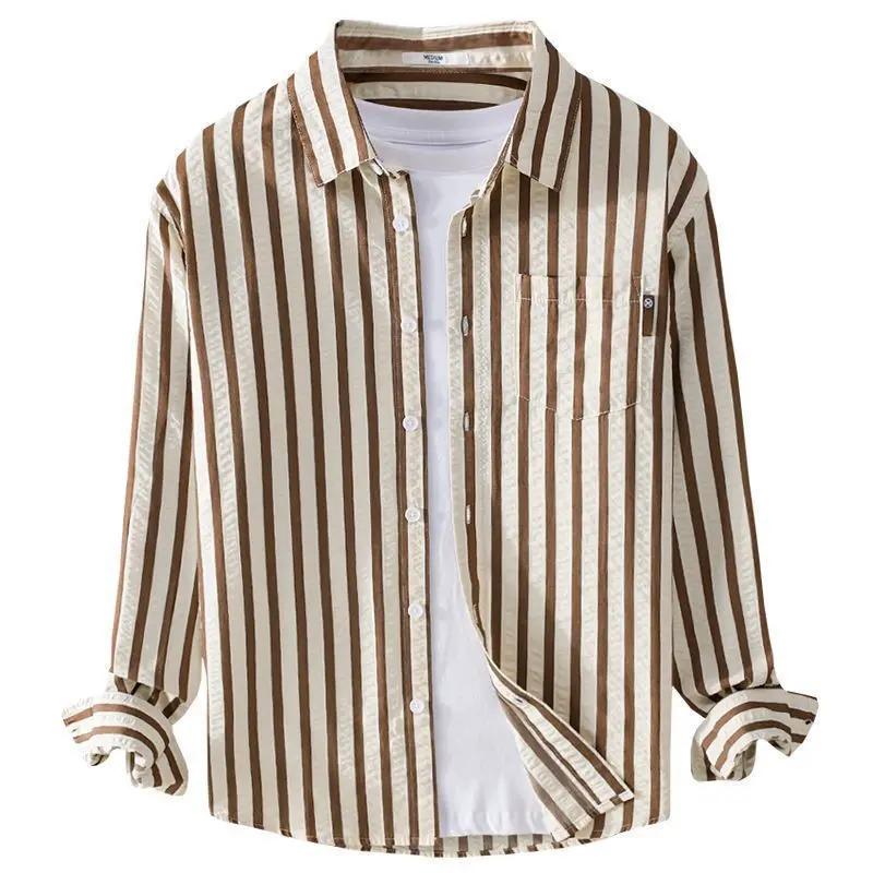Mens Stripped Long Sleeve Shirt - 0 - Dan Flashes - Khaki - Color Matching Long Sleeve Men's Shirt Top Dan Flashes