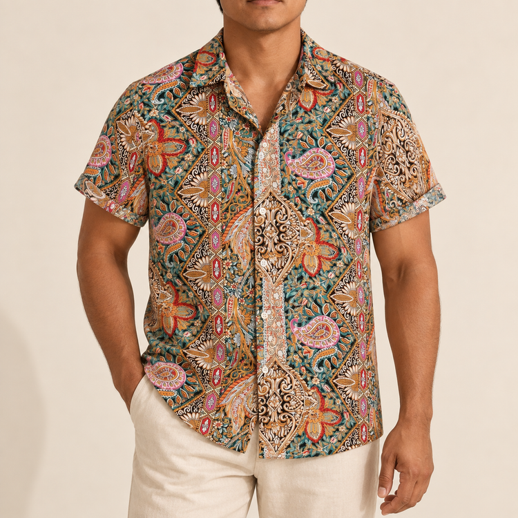 Model wearing short-sleeve shirt with dense multicolored paisley forms and warm accents