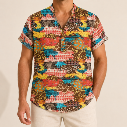 Model wearing a multicolor geometric border shirt with a band collar