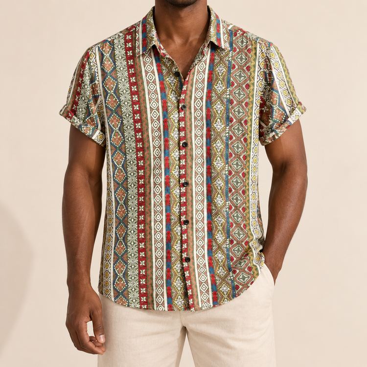 Model wearing short-sleeve shirt with multicolored vertical geometric borders