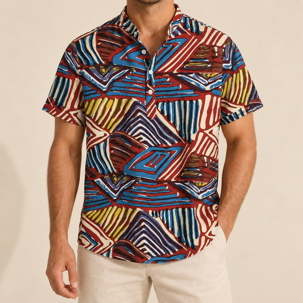 Model wearing a multicolor geometric stripe shirt with a band collar