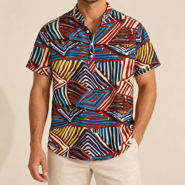 Model wearing a multicolor geometric stripe shirt with a band collar