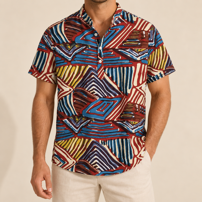 Model wearing a multicolor geometric stripe shirt with a band collar
