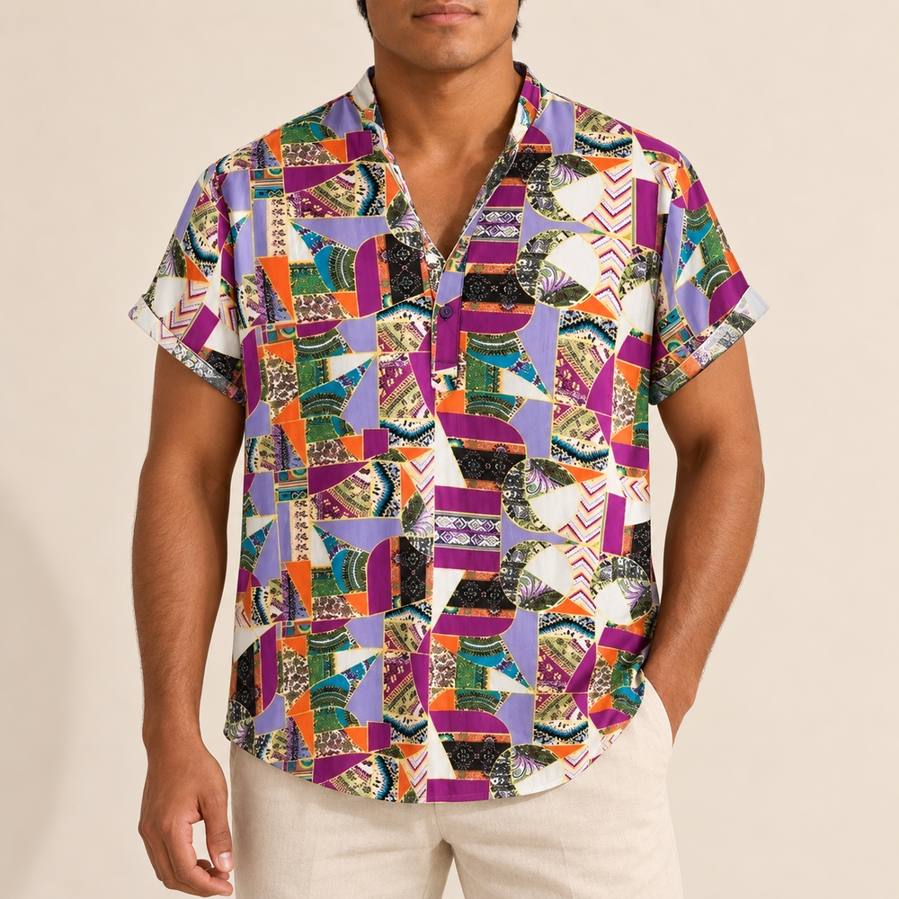 Model wearing a multicolor geometric tile band-collar shirt