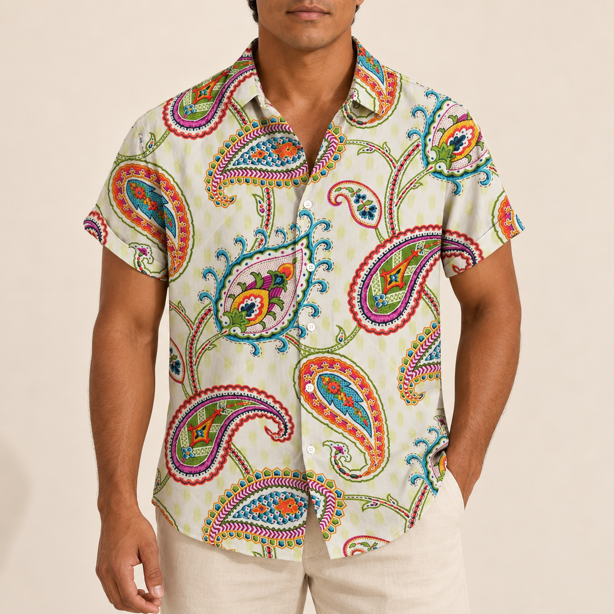 Model wearing pale short-sleeve beach shirt with large multicolored paisley shapes
