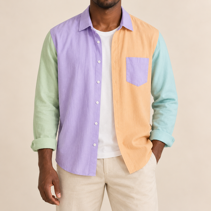 Model wearing a pastel colorblock long-sleeve shirt with a lavender chest pocket