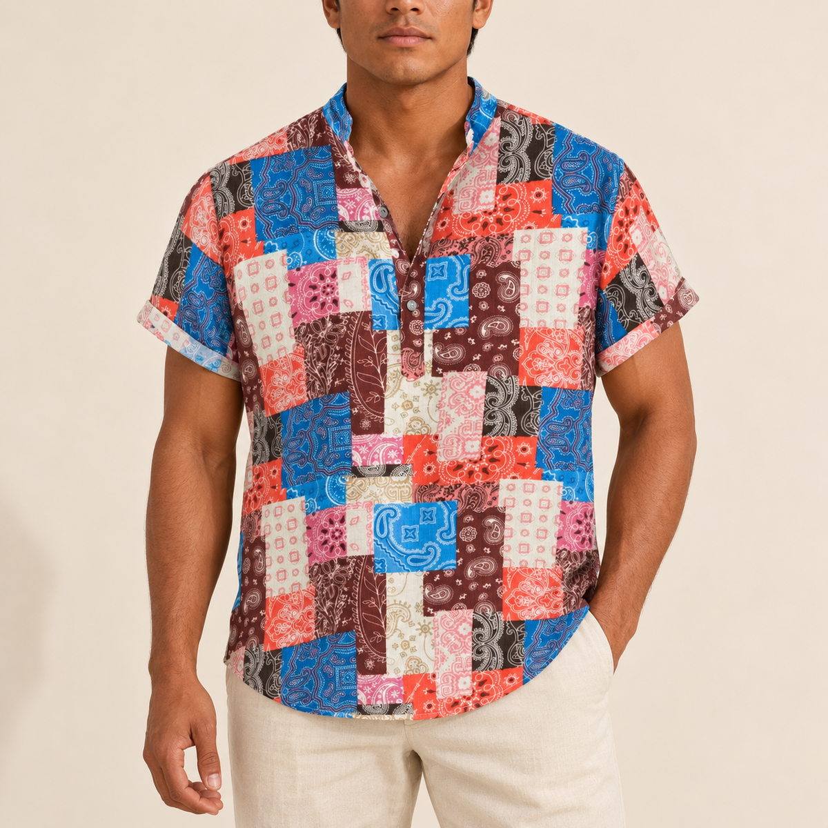 Model wearing a pink and blue patchwork short-sleeve band-collar shirt