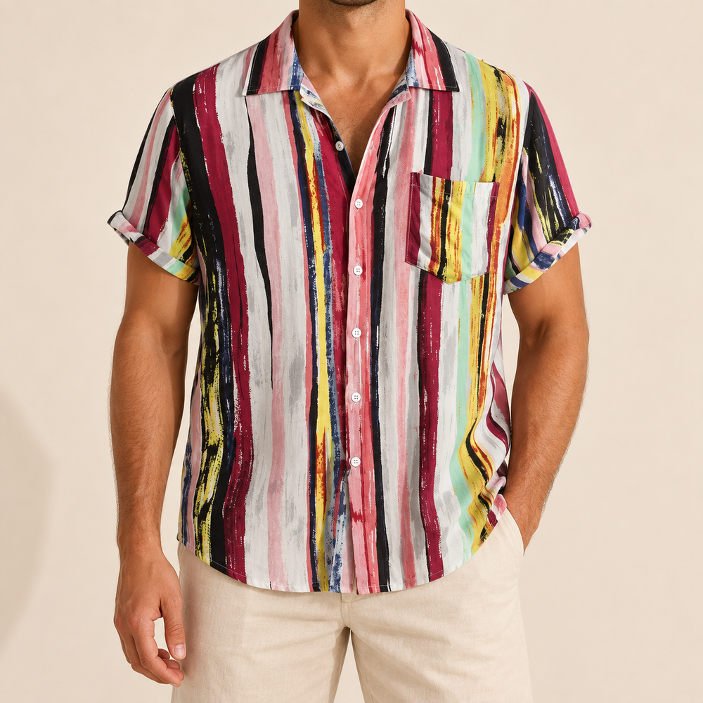 Model wearing short-sleeve shirt with irregular multicolored vertical stripes