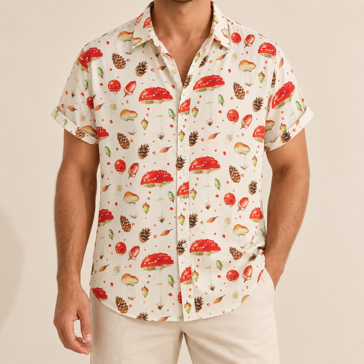 Model wearing an ivory button-up shirt with red mushrooms, pine cones and acorns