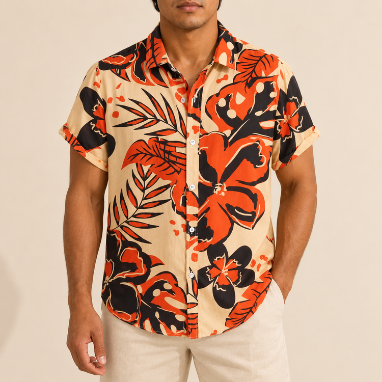Model wearing a cream short-sleeve shirt with orange and black tropical flowers