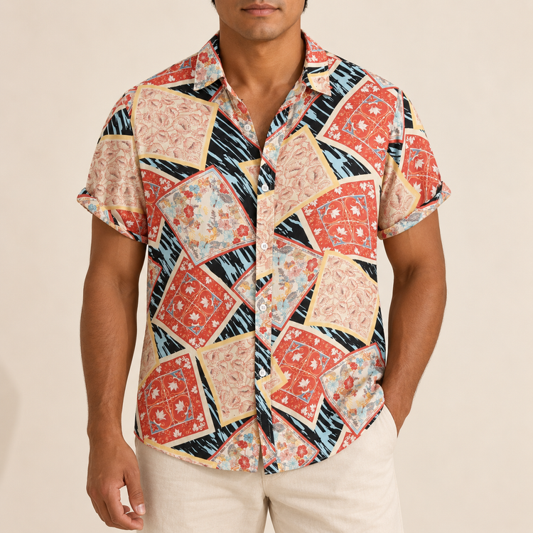 Model wearing a coral ornamental patchwork short-sleeve shirt