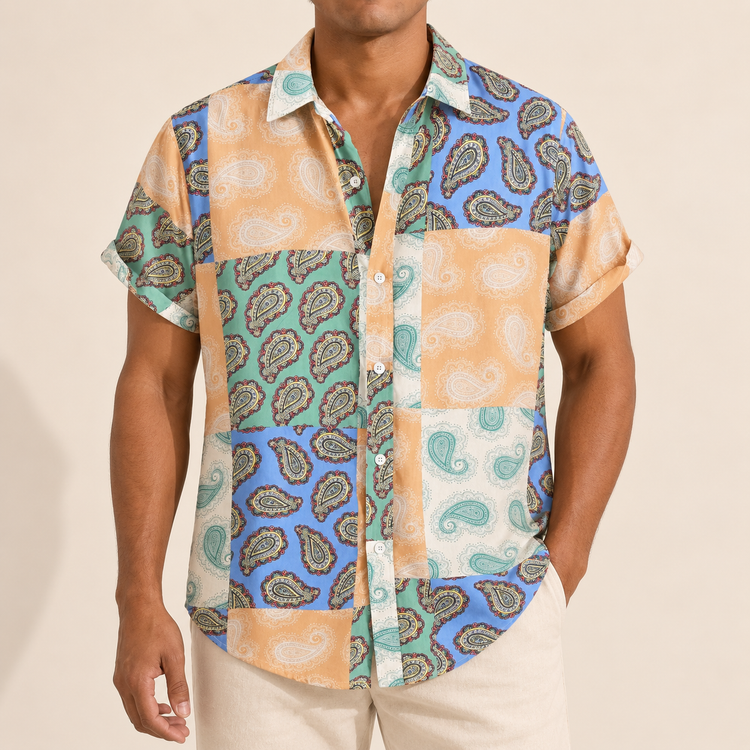 Model wearing a pastel paisley panel short-sleeve shirt