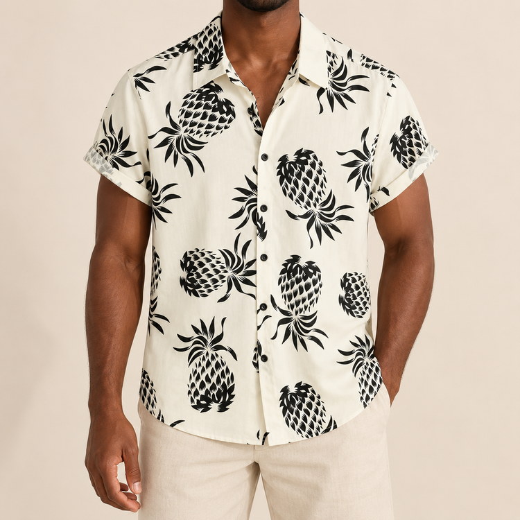 Model wearing a cream short-sleeve shirt with black pineapples