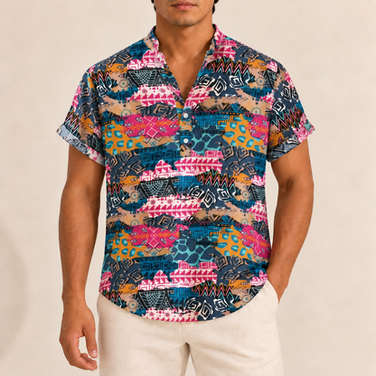Model wearing a pink, teal and black geometric band-collar shirt