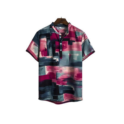 Short-sleeve shirt with broad teal, pink, pale and dark abstract bands