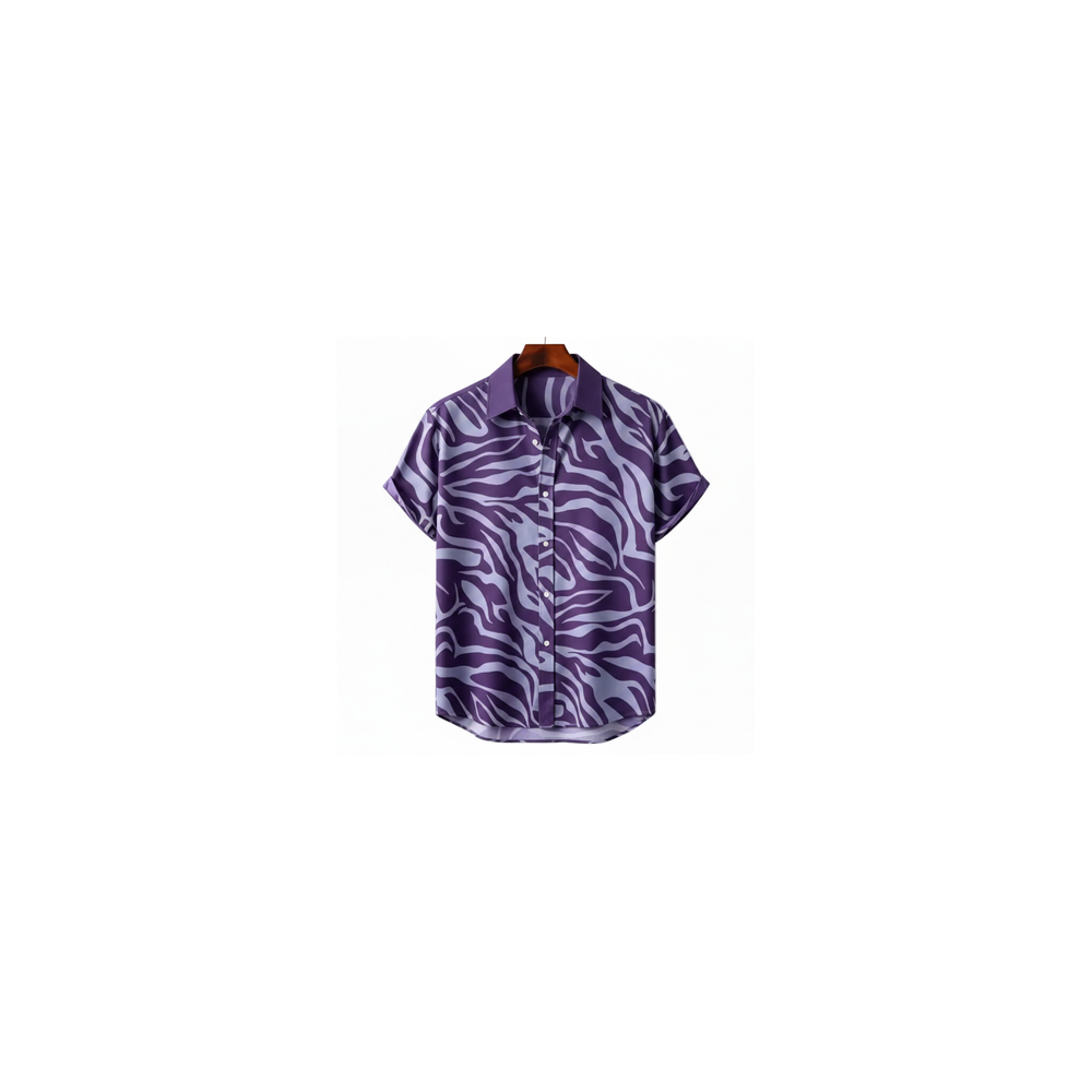 Purple short-sleeve shirt with pale zebra-style stripes